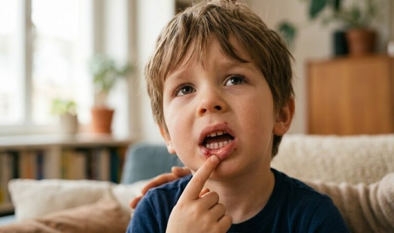 Niño pequeño señalando con dolor una llaga bucal en casa, esperando consuelo.