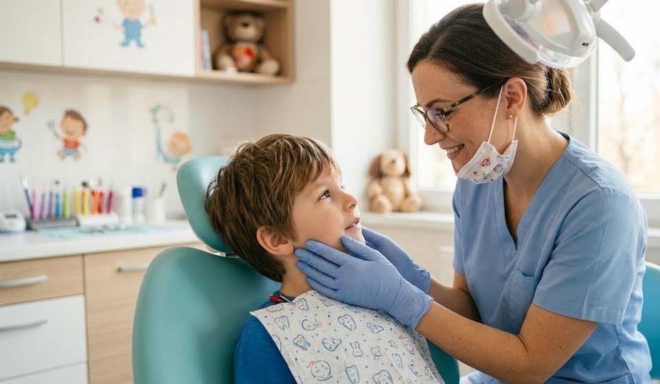 Odontopediatra en Madrid examinando suavemente la boca de un niño para diagnosticar una afta grave.