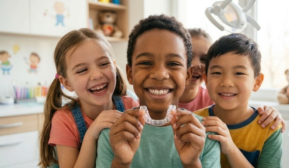 Niño sonriendo feliz y mostrando un alineador de ortodoncia invisible Invisalign en nuestra clínica dental infantil en Madrid.