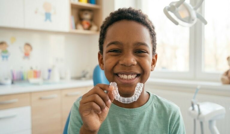 Niño sonriente mostrando un alineador de ortodoncia invisible Invisalign infantil para el día a día.
