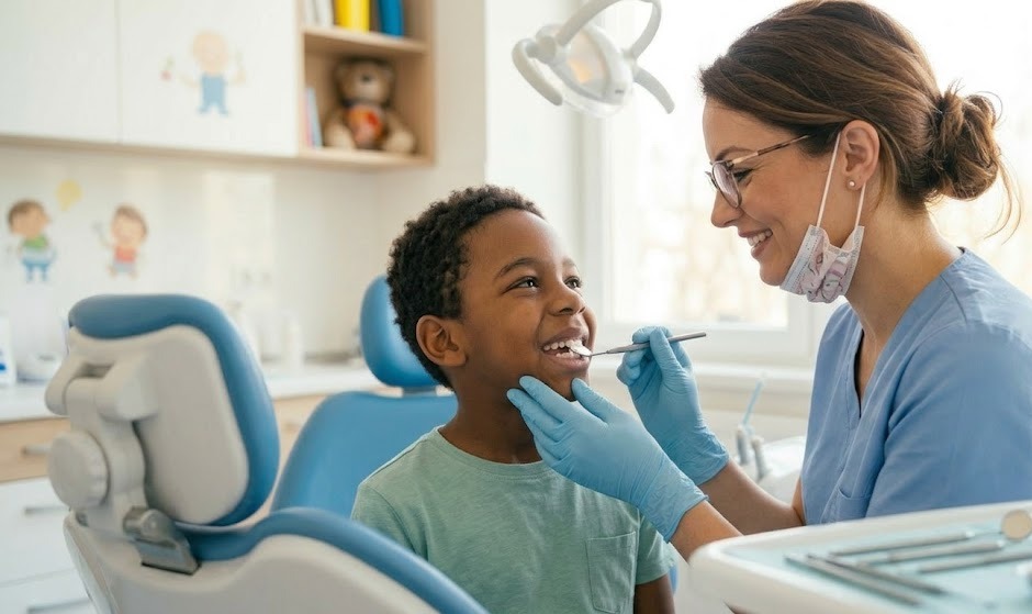 Odontopediatra en Madrid examinando a un niño pequeño para determinar si es candidato a Invisalign First.