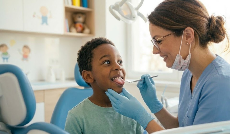 Niño pequeño en revisión dental para detectar frenillo lingual corto en Madrid.