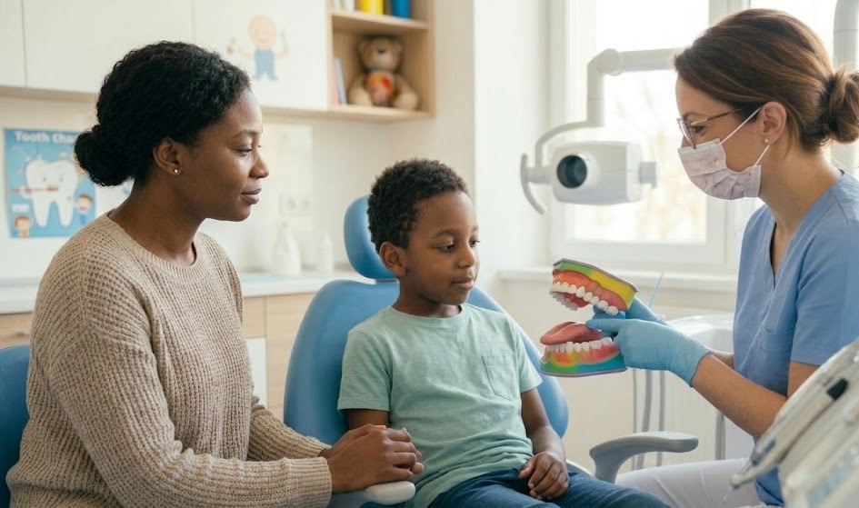 Odontopediatra explicando el tratamiento de frenectomía a una familia en MM Sonrisas Infantil.