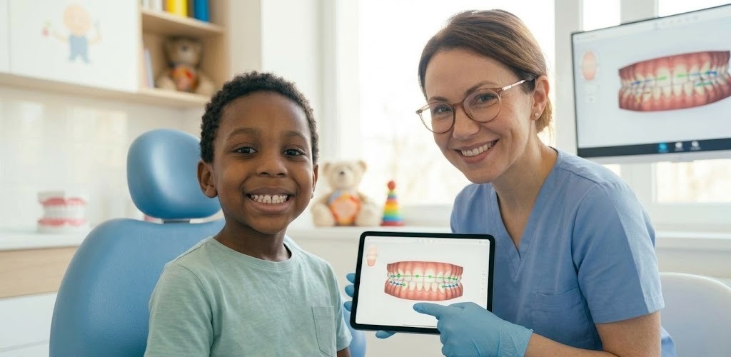 Niño en revisión de ortodoncia interceptiva para corregir mordida cruzada en Madrid.