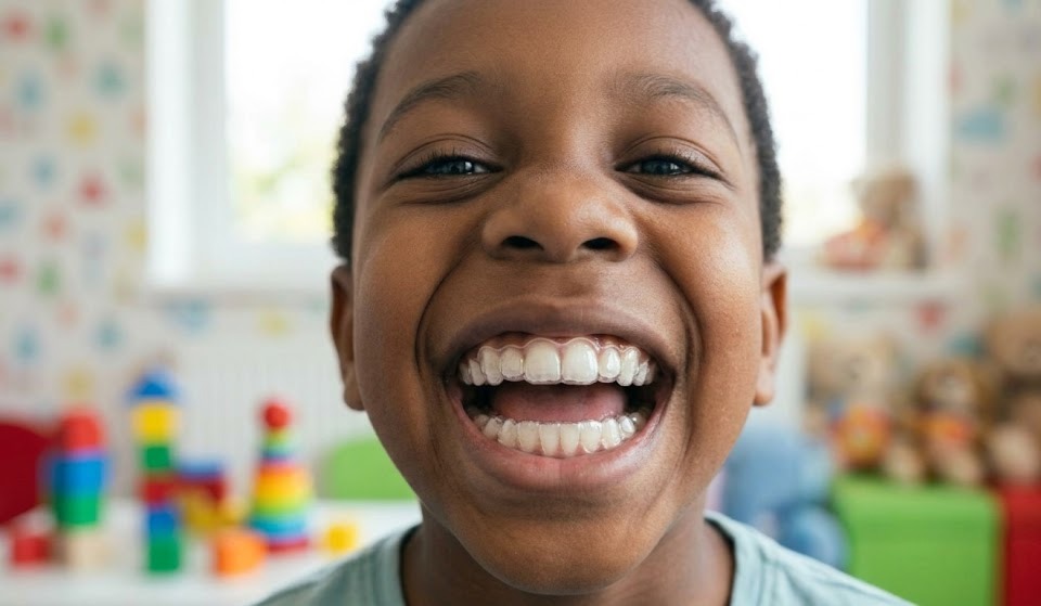 Niño usando ortodoncia invisible para corregir el paladar estrecho y la mordida.