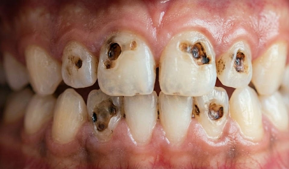Primer plano de dentición humana con múltiples lesiones cariosas profundas y oscuras en los dientes incisivos y premolares.