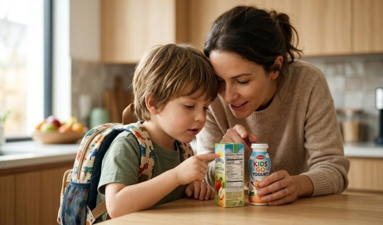 Padres revisando etiquetas de azúcar oculto en meriendas escolares infantiles.