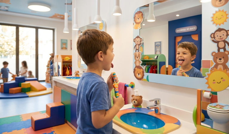 niño-sacando-la-lengua-en-divertido-baño-infantil-clinica-mm-sonrisas-madrid