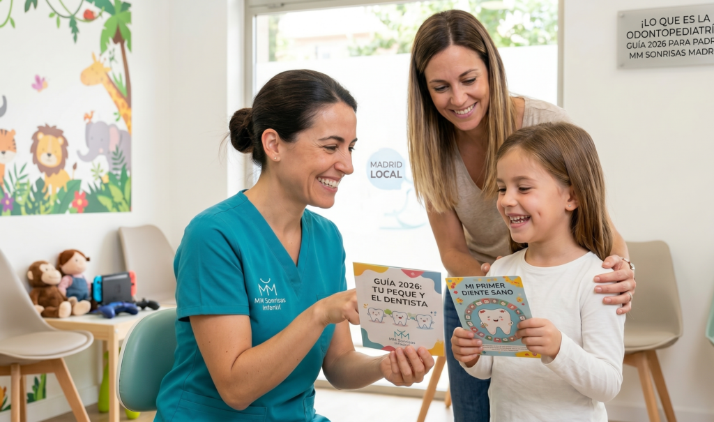 odontopediatra-explicando-guia-dental-2026-a-madre-y-niña-en-clinica-mm-sonrisas-madrid